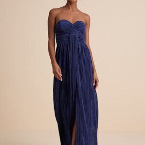 Lulus Oswin Navy Satin Plisse Strapless Maxi Dress Blue - Size S